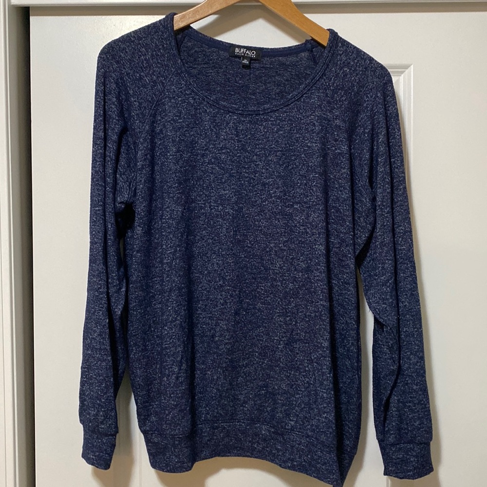 Ladies heathered navy Buffalo sweater shirt